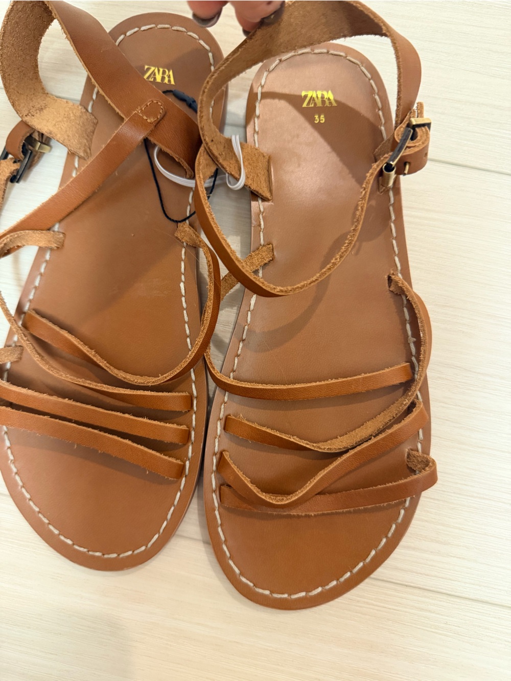 ZARA Tan Strappy Leather Sandals with Ankle Buckle